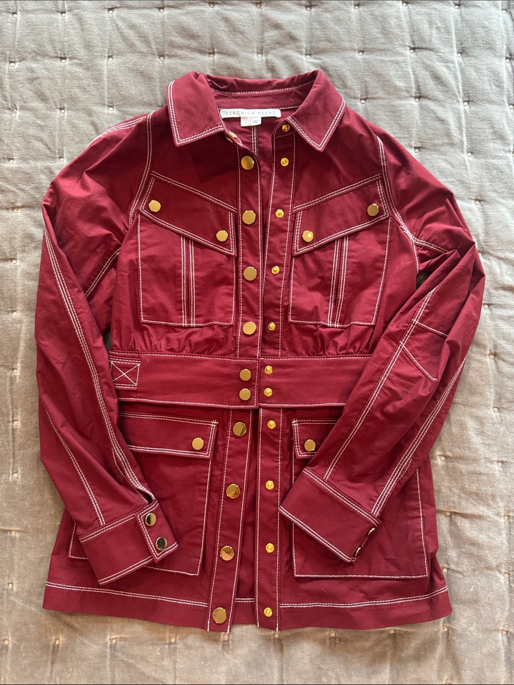 Veronica Beard Burgundy Utility Jacket with Contrast Stitching